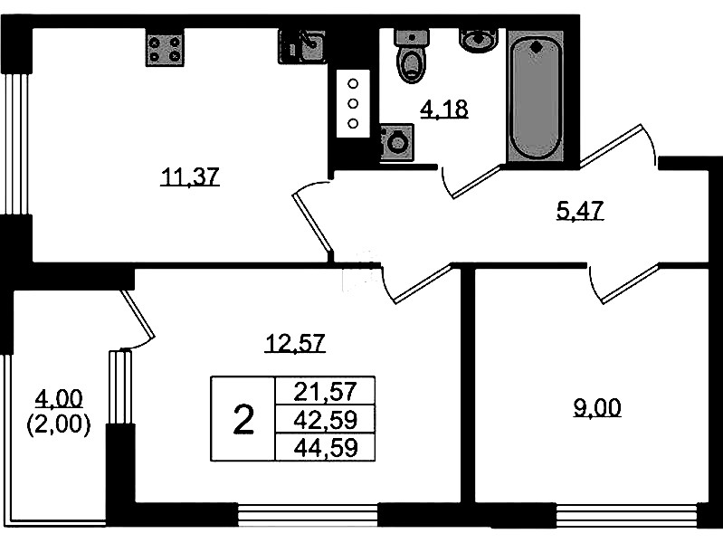 2-комнатная квартира 44.59 м², 9/10 эт., ЖК «UP! Квартал Новый Московский»